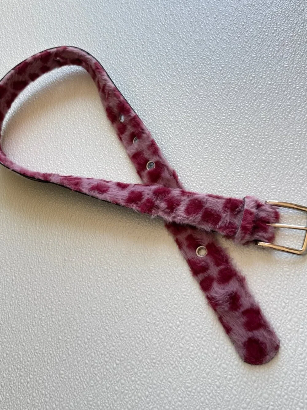 Pink Leopard Print Faux Fur Belt Silver Buckle Y2K